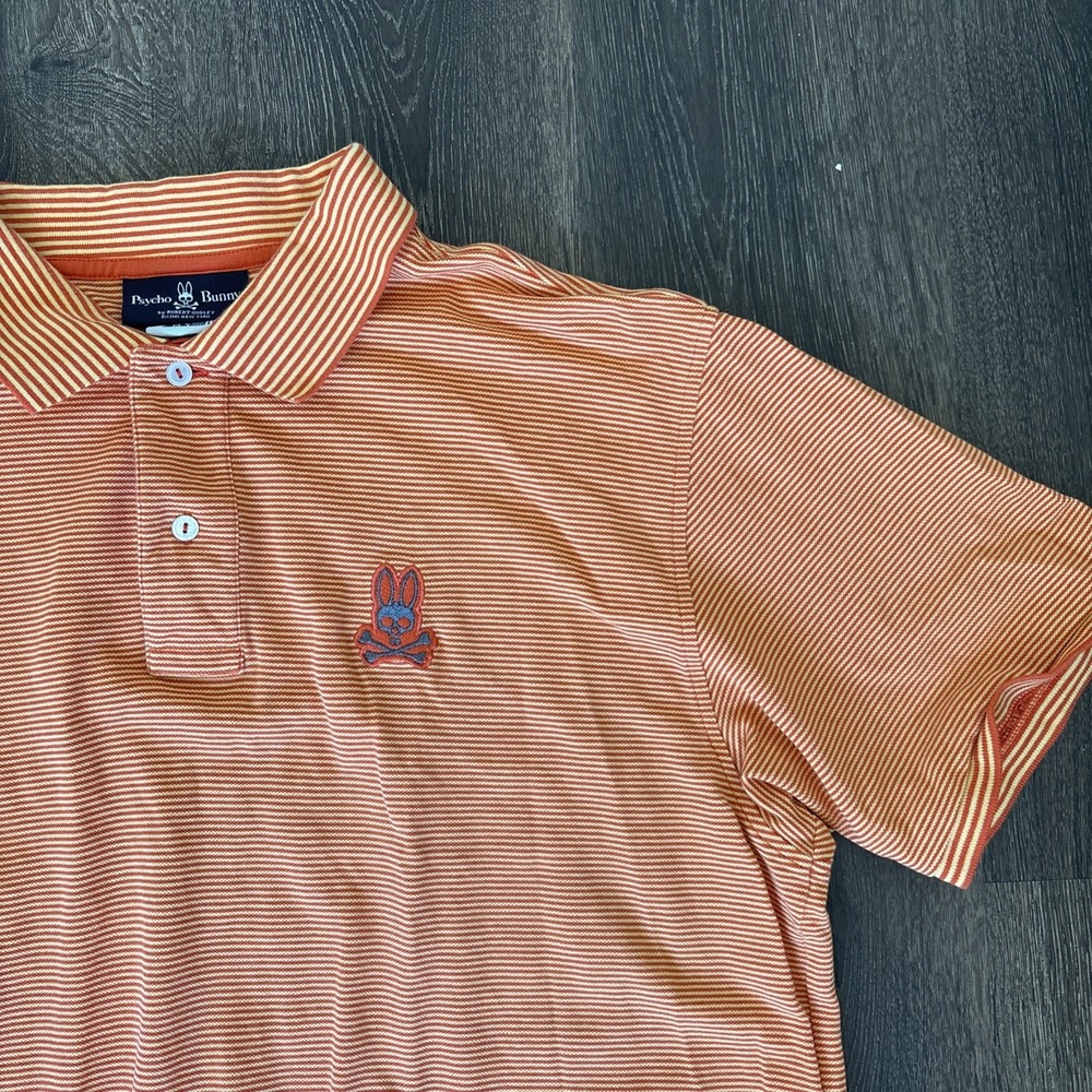 Psycho Bunny Polo Shirt Skull Bunny Mens Size 8/2XL Orange Striped Stretch MINT